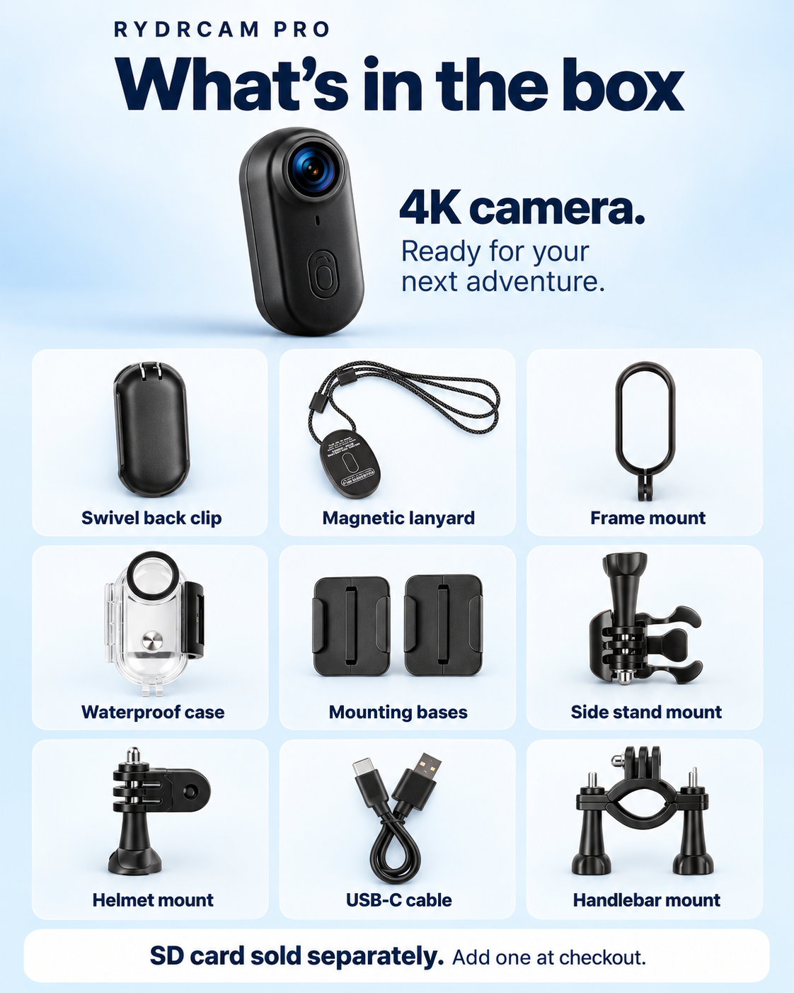Everything in the box: camera, swivel clip, magnetic lanyard, mounts, waterproof case and USB-C cable