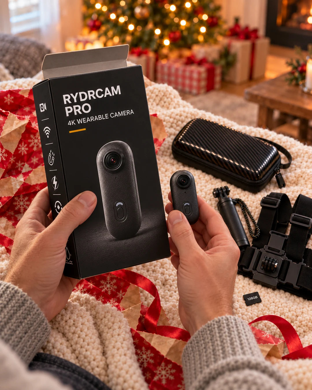 Adult hands unwrapping the RYDRCAM kit on Christmas morning.