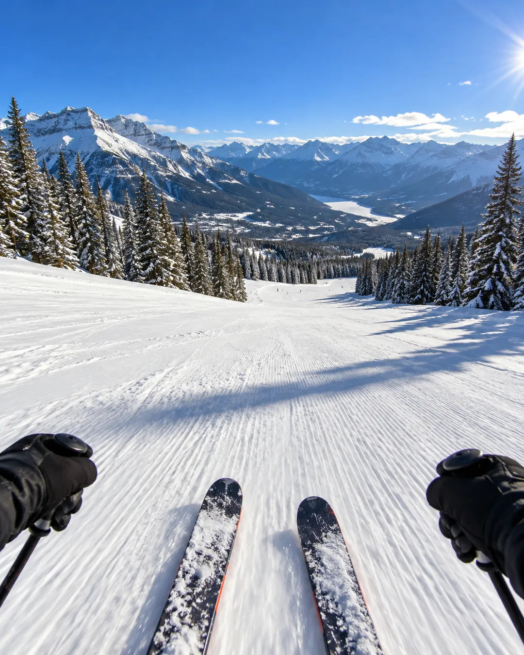 First-person view down a sunny ski run.