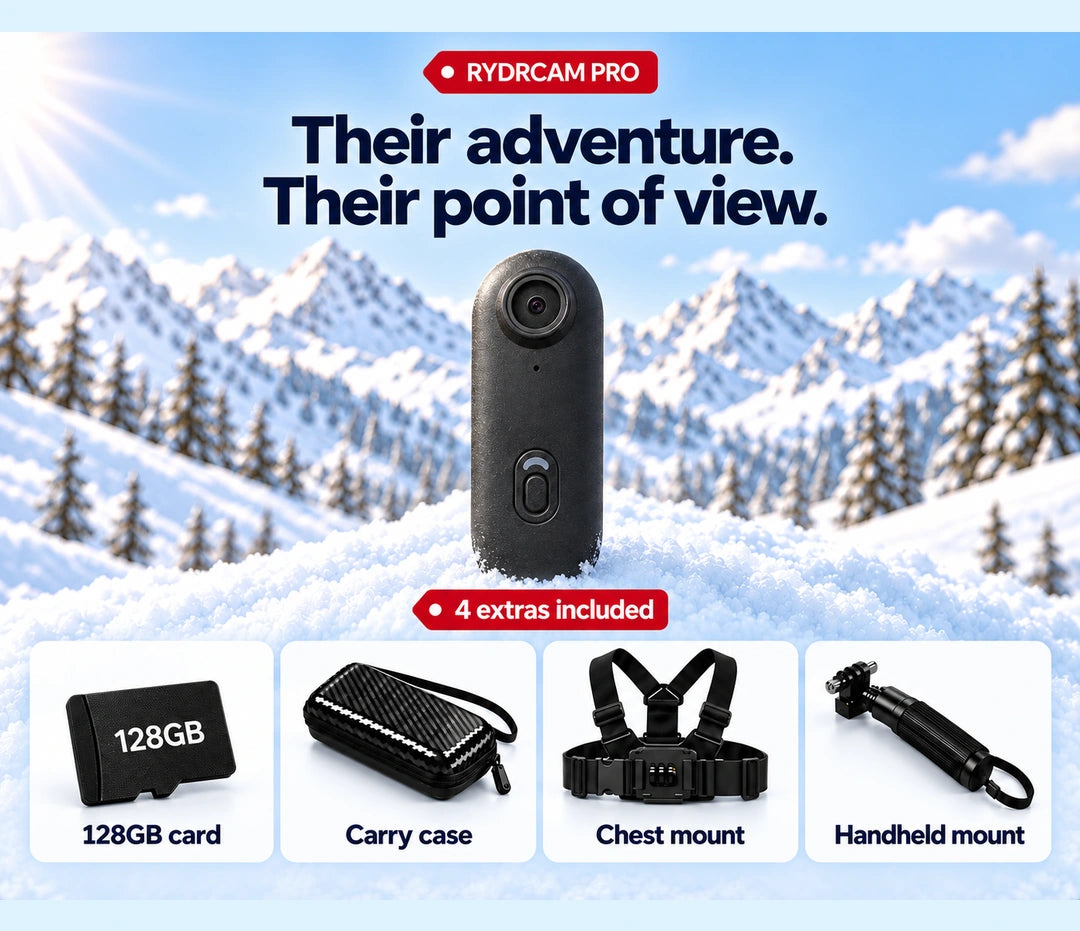 RYDRCAM camera on snow with four included extras.