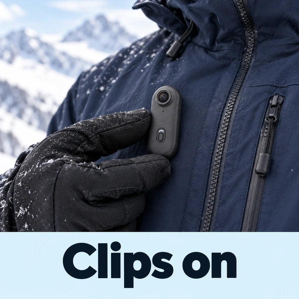 Small camera magnetically clipped onto a ski jacket.
