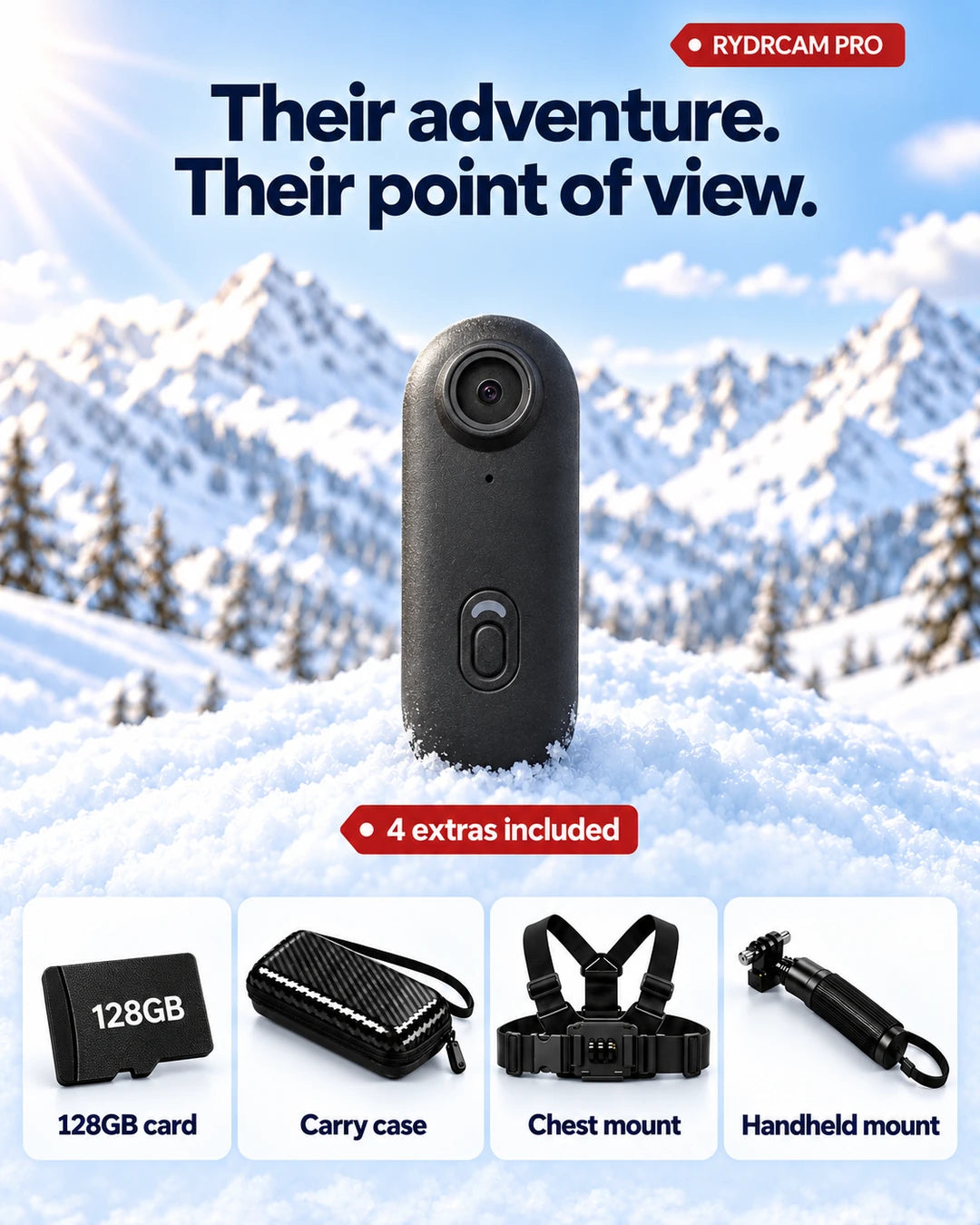 Camera on snow with four included extras.