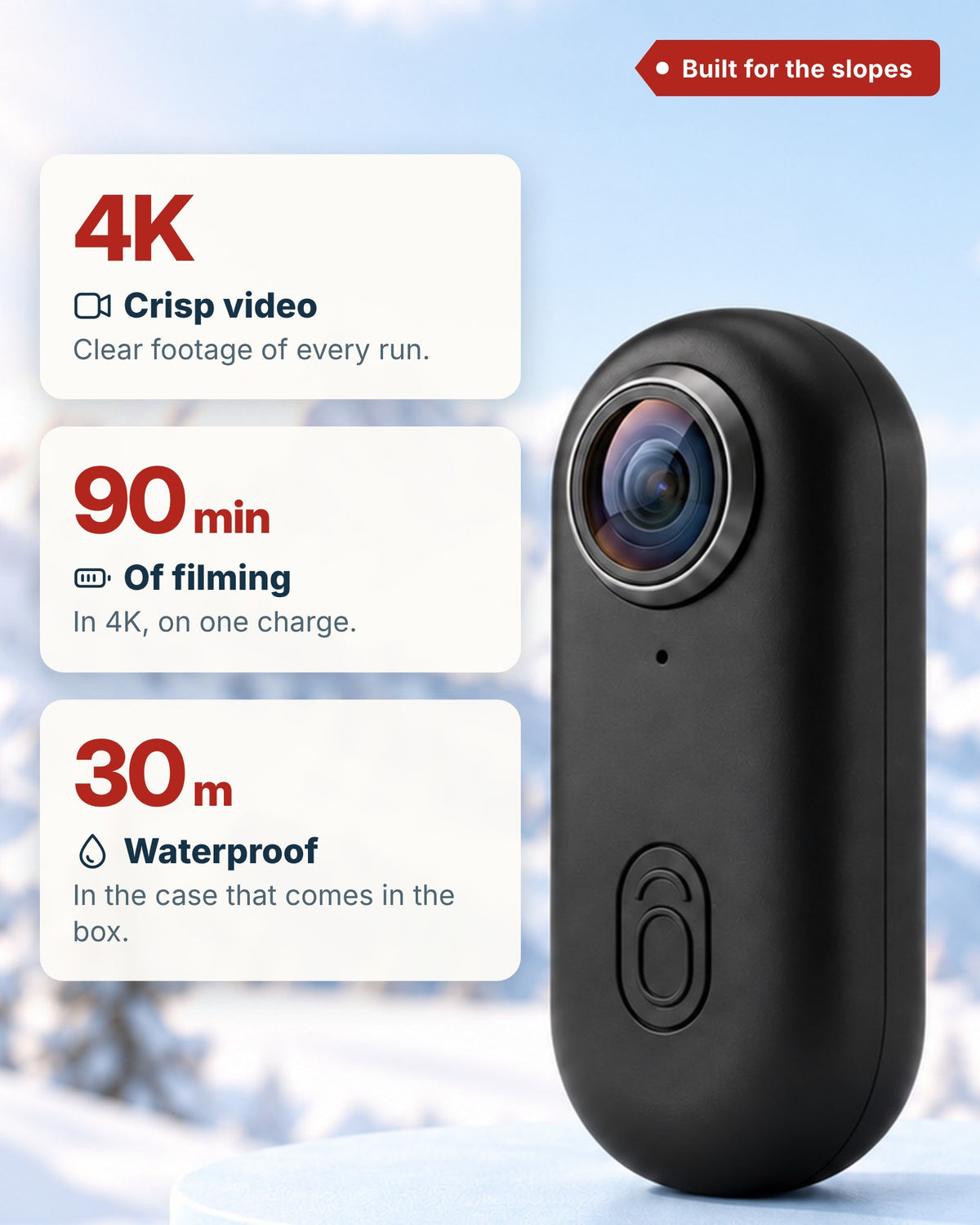 4K video, 90 minutes of filming and waterproof to 30 m in the case