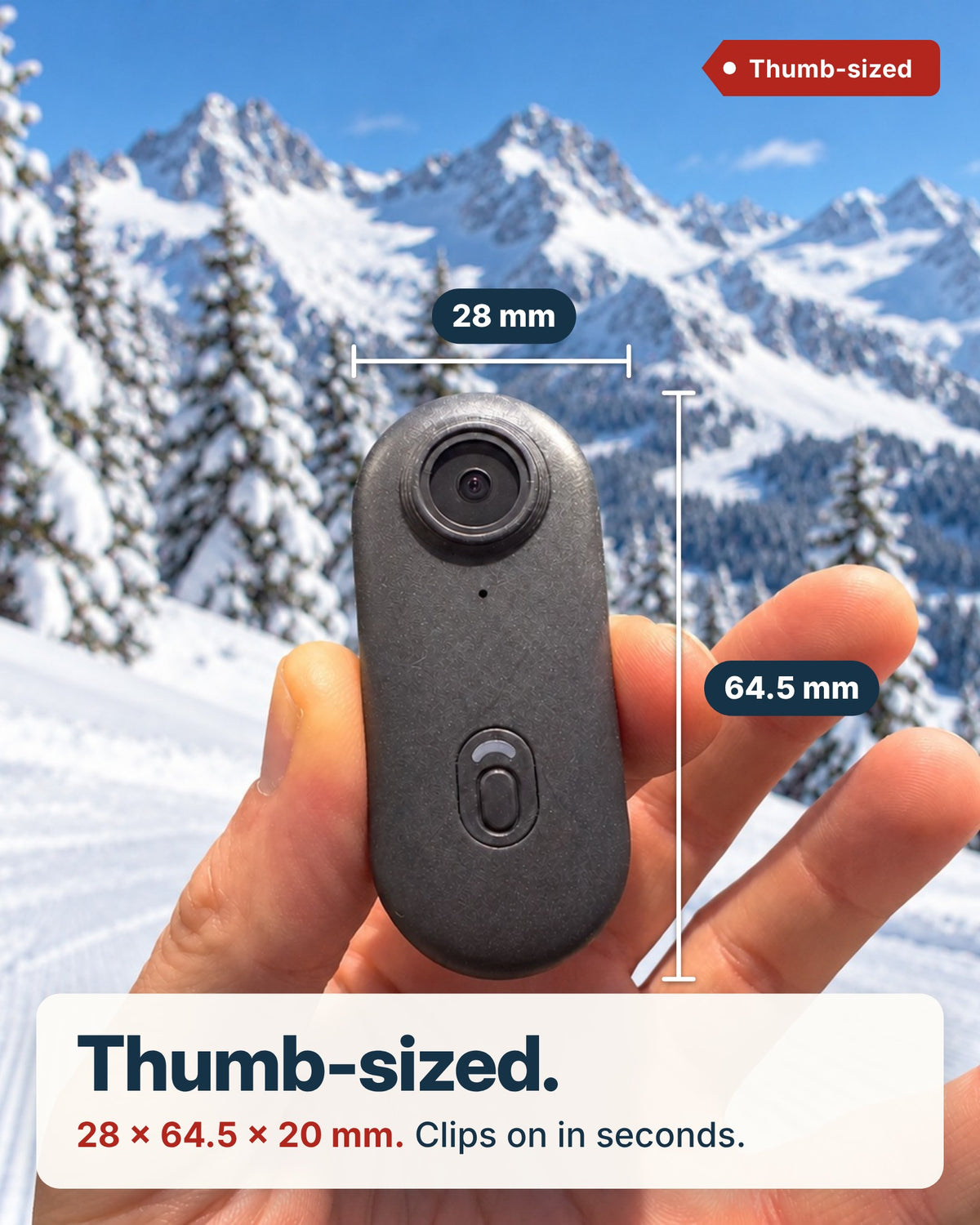 Thumb-sized camera, 28 by 64.5 by 20 mm